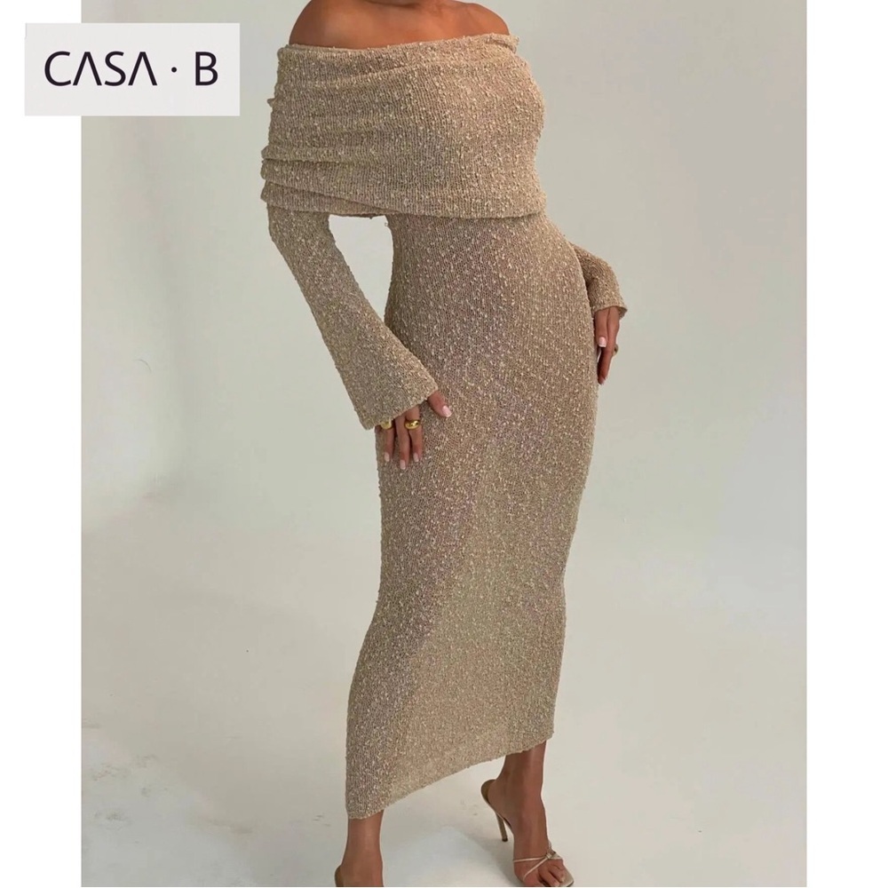 NEW to CASA B💫| Soriana Off the Shoulder Boucle Long Sleeve Draped Maxi Dress - Picture 7 of 13